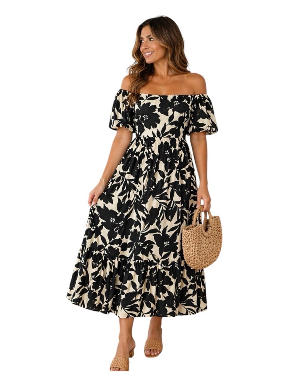 Who What Wear Black Cream Floral Linen Blend Open Back Midi Dress Large